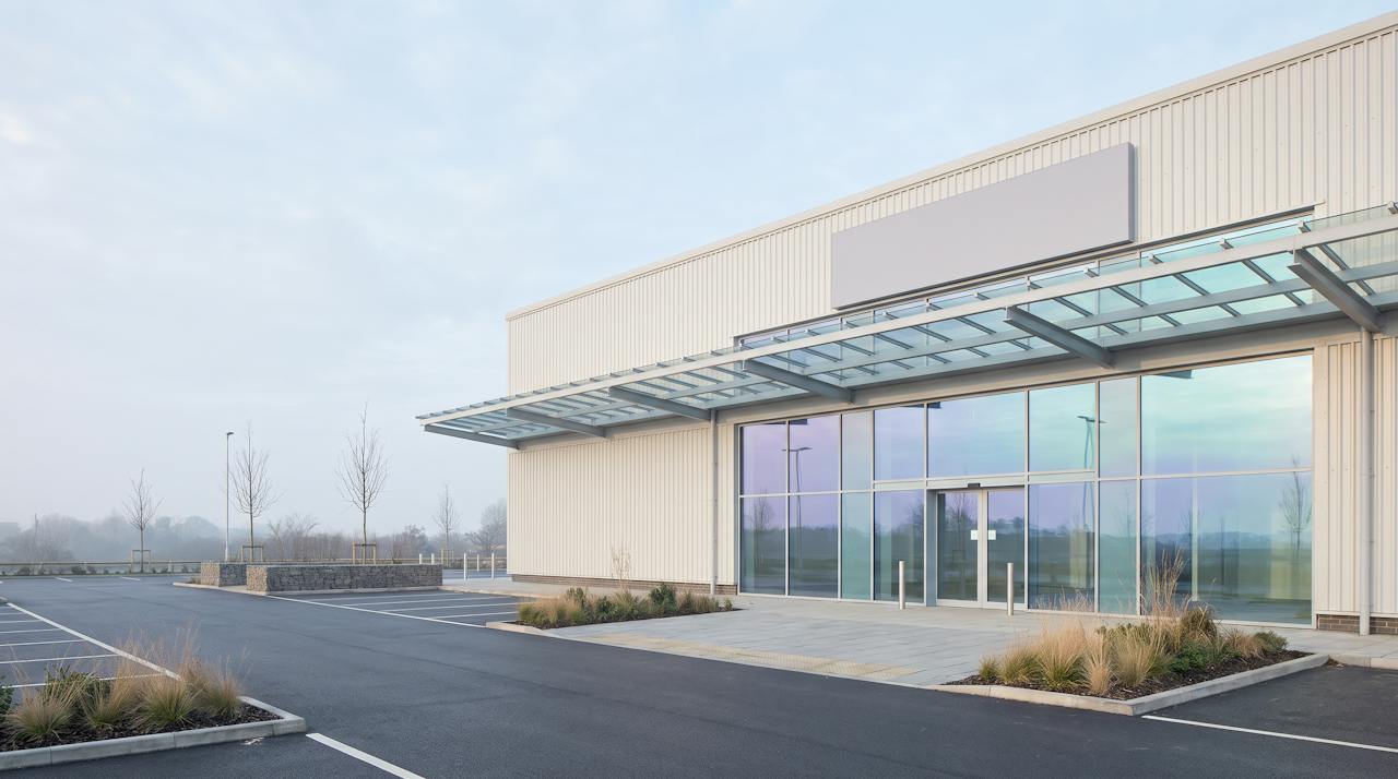 A UK retail park at dusk: a row of large single-storey retail units in pale profiled cladding under a shallow metal roof, a wide empty car park in front reflecting a soft sky.