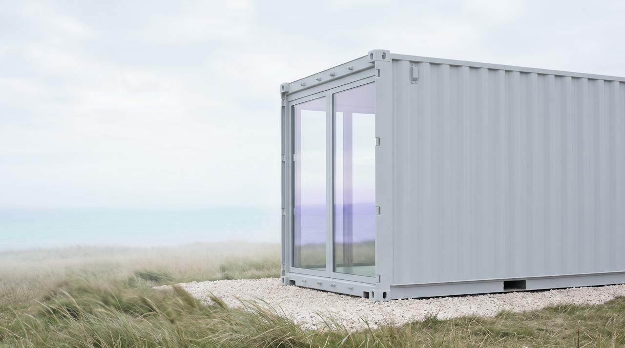 A row of shipping containers in a UK yard at first light, one with its doors open showing the bare corrugated steel interior, pale sky and wet concrete.
