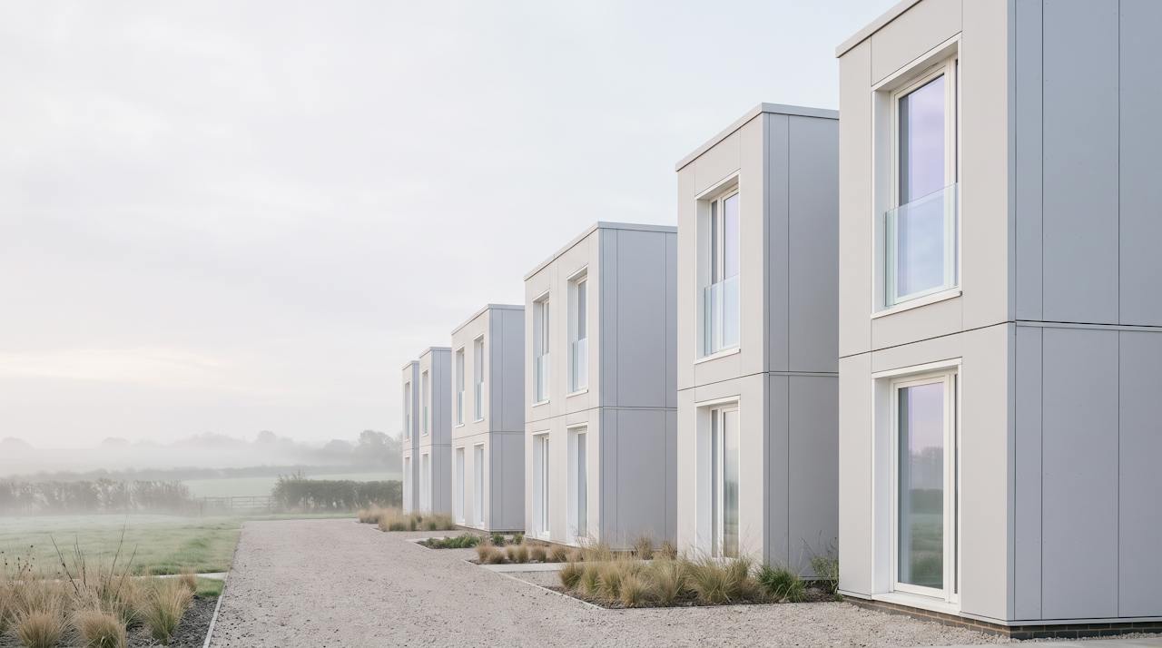 A row of modular site cabins on a UK site in flat daylight.