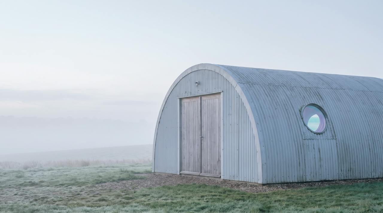 A corrugated steel Nissen hut in a farmyard, its arch catching the morning light.