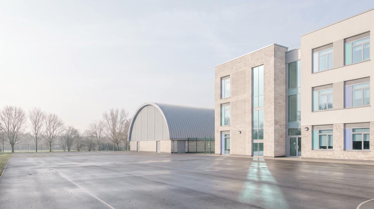 A UK secondary school sports hall interior in morning light: a high profiled steel roof on steel trusses, court markings on a pale floor, tall windows along one wall and folded seating at the far end.