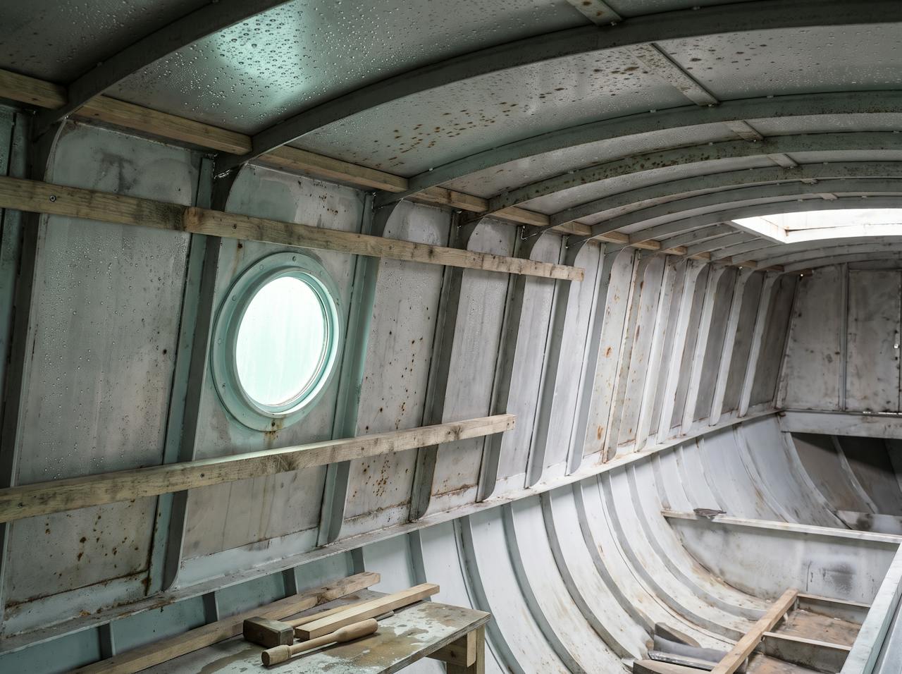 Inside a stripped narrowboat cabin: condensation running down the bare inside face of the steel hull side and beading on the cabin roof above the battens.