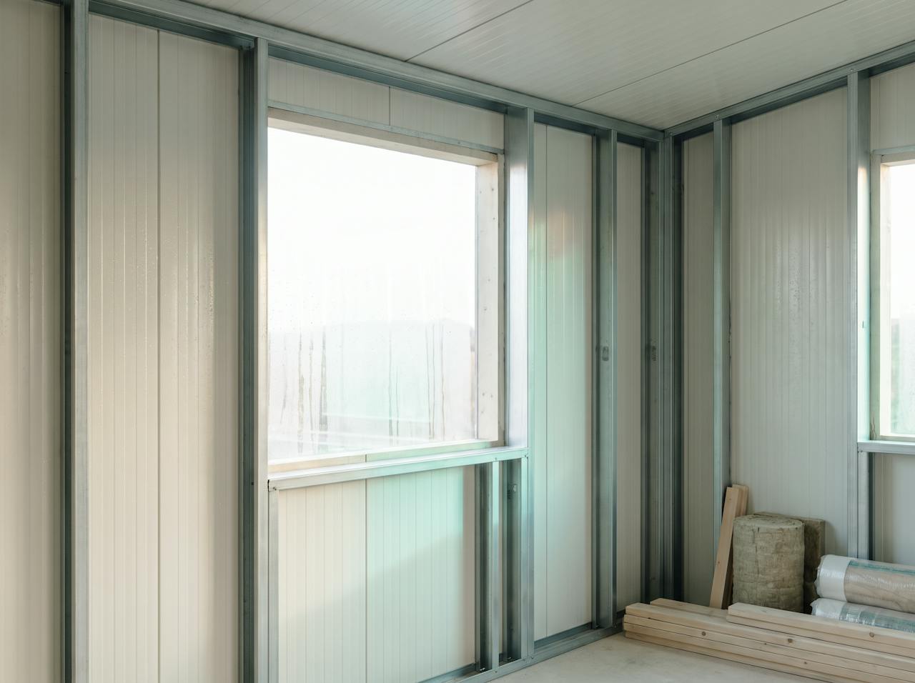 Inside a stripped modular unit: a thin steel skin on a light steel frame, condensation streaking down the inside of the skin, a bare shallow wall zone.