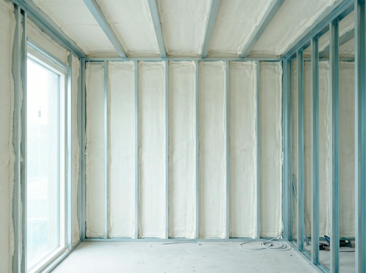 The same wall zone filled to its full depth with a cream closed-cell layer, the frame members just visible in the surface, ready for the internal lining.