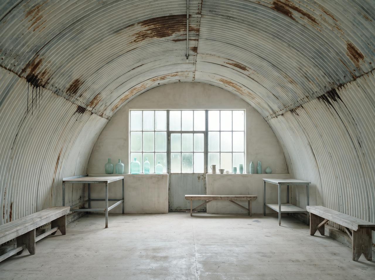Inside an unlined Nissen hut on a cold morning: condensation running down the corrugated steel arch above stored equipment, daylight from the end wall.