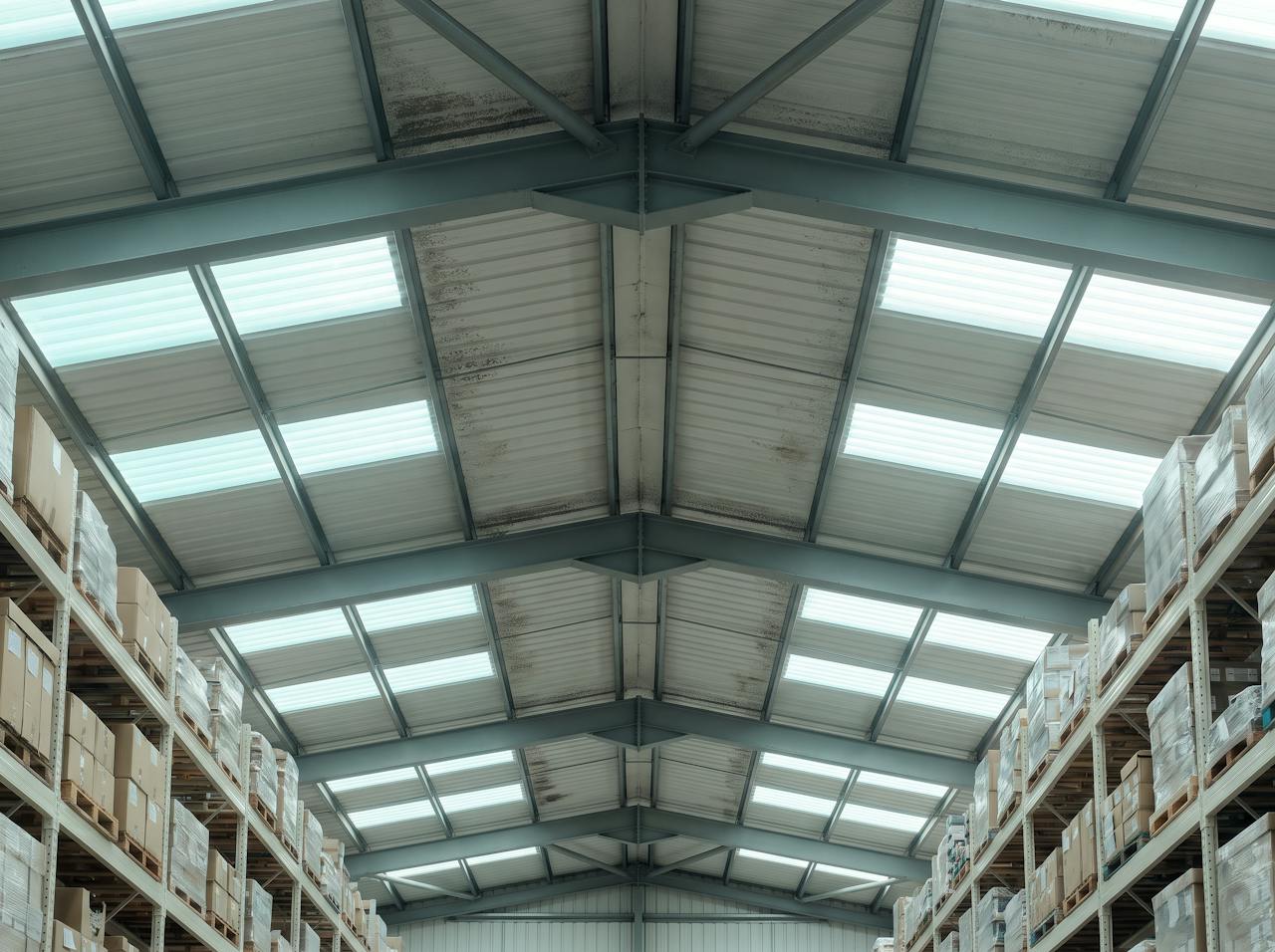 Inside a retail warehouse before opening: the underside of a profiled steel roof misted with condensation above high shelving of boxed stock, a stained ceiling tile and a drip mark on the floor of the aisle.