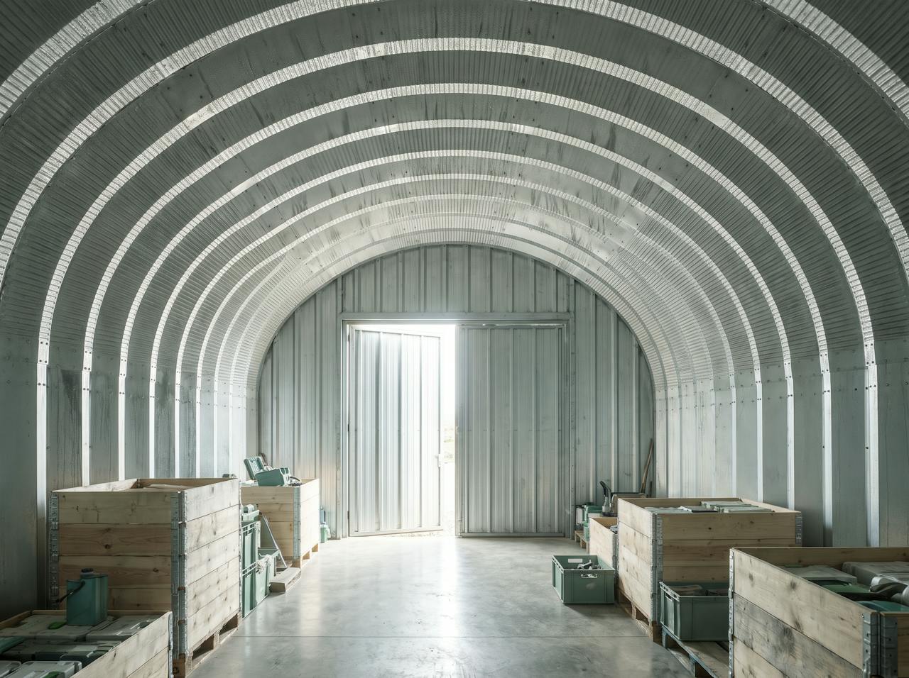 Inside an unlined arch-frame steel building on a cold morning: condensation beading on the corrugated crown and running down the straight side walls above machinery.