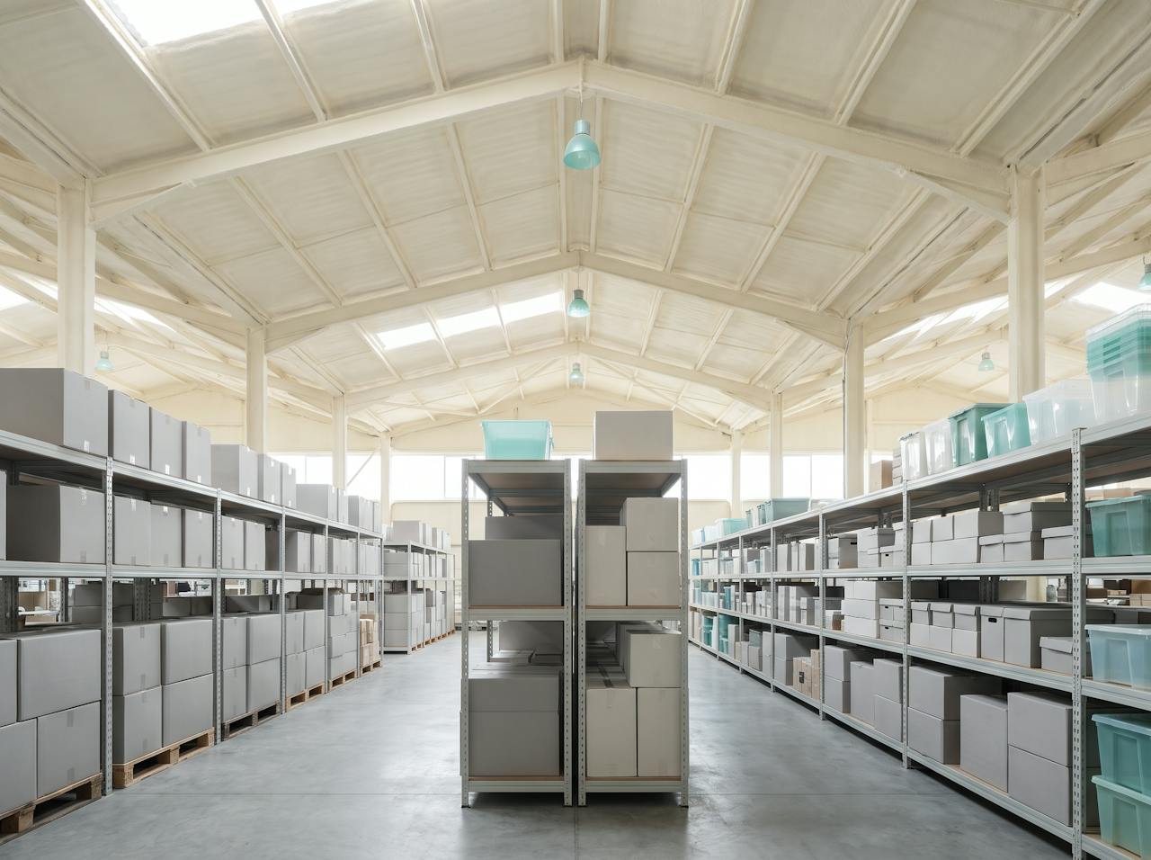 Inside a retail unit after the work, before the shelving is restocked: the profiled steel roof and purlins sprayed from beneath in a continuous cream closed-cell layer, the lighting rig and rooflights left clear.