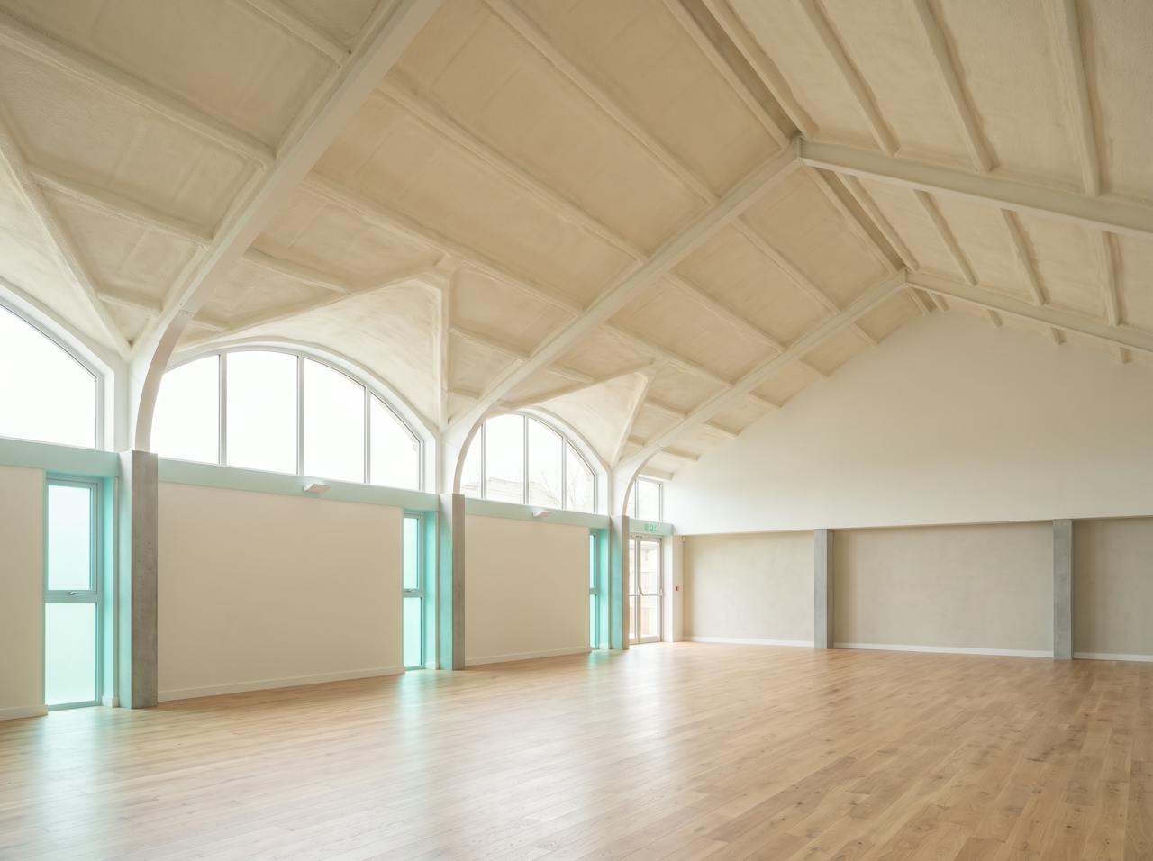 Inside a school sports hall after the work: the profiled steel roof and trusses in a continuous cream closed-cell layer, lighting and ventilation left clear, the court below back in use.
