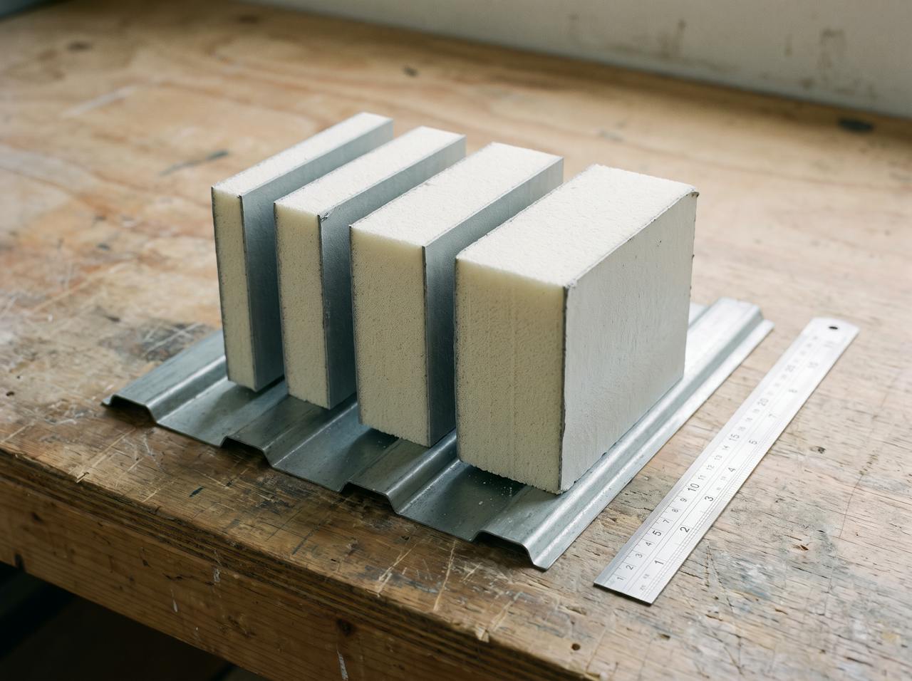 Four cut blocks of rigid closed-cell foam standing on a profiled steel sheet offcut on a workbench, sectioned to four different depths from thin to thick, with a steel rule beside them.