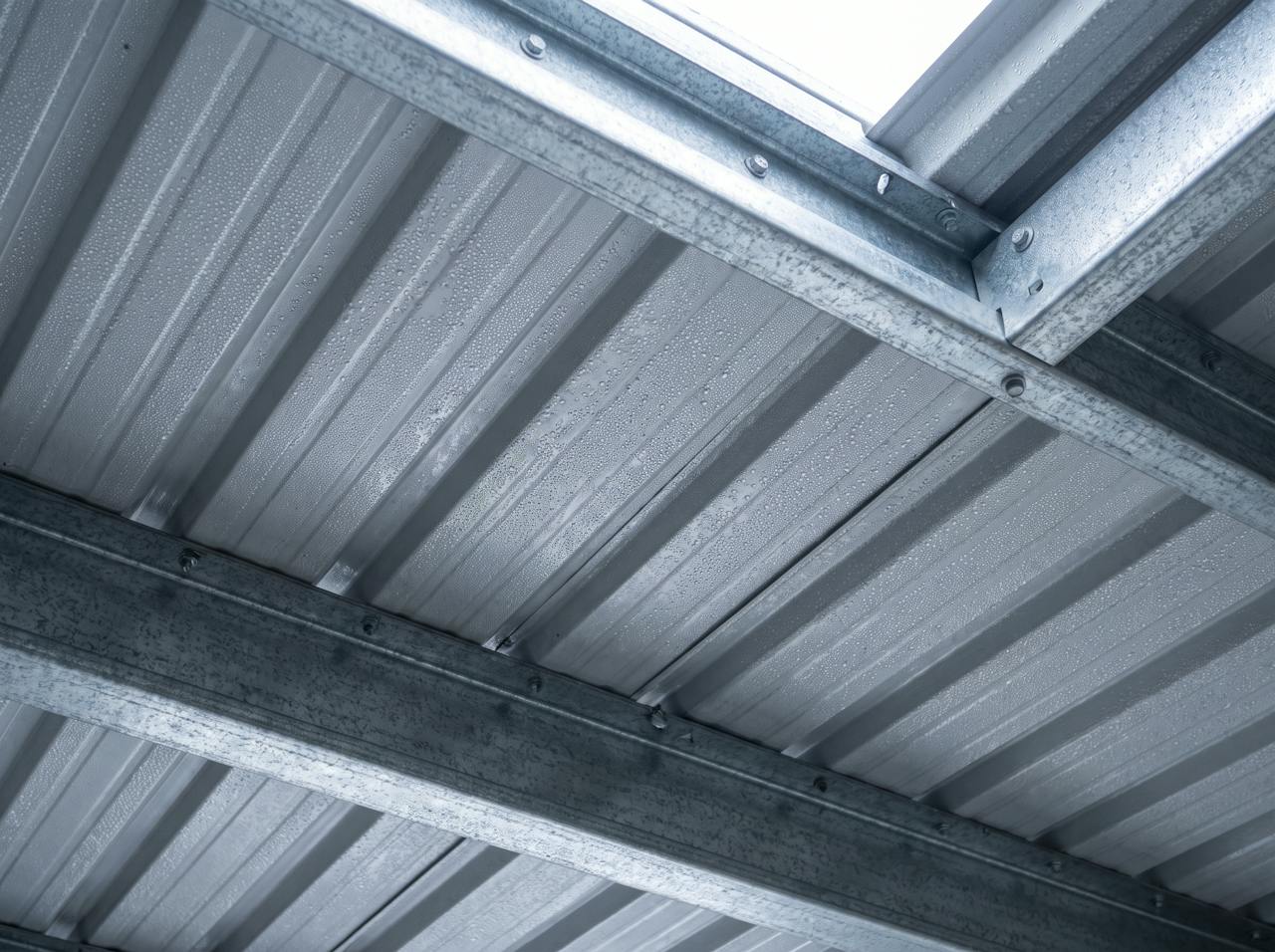 Looking up at the underside of a profiled steel roof on a cold morning: fine, even condensation across the whole sheet between the purlins, under a rooflight.