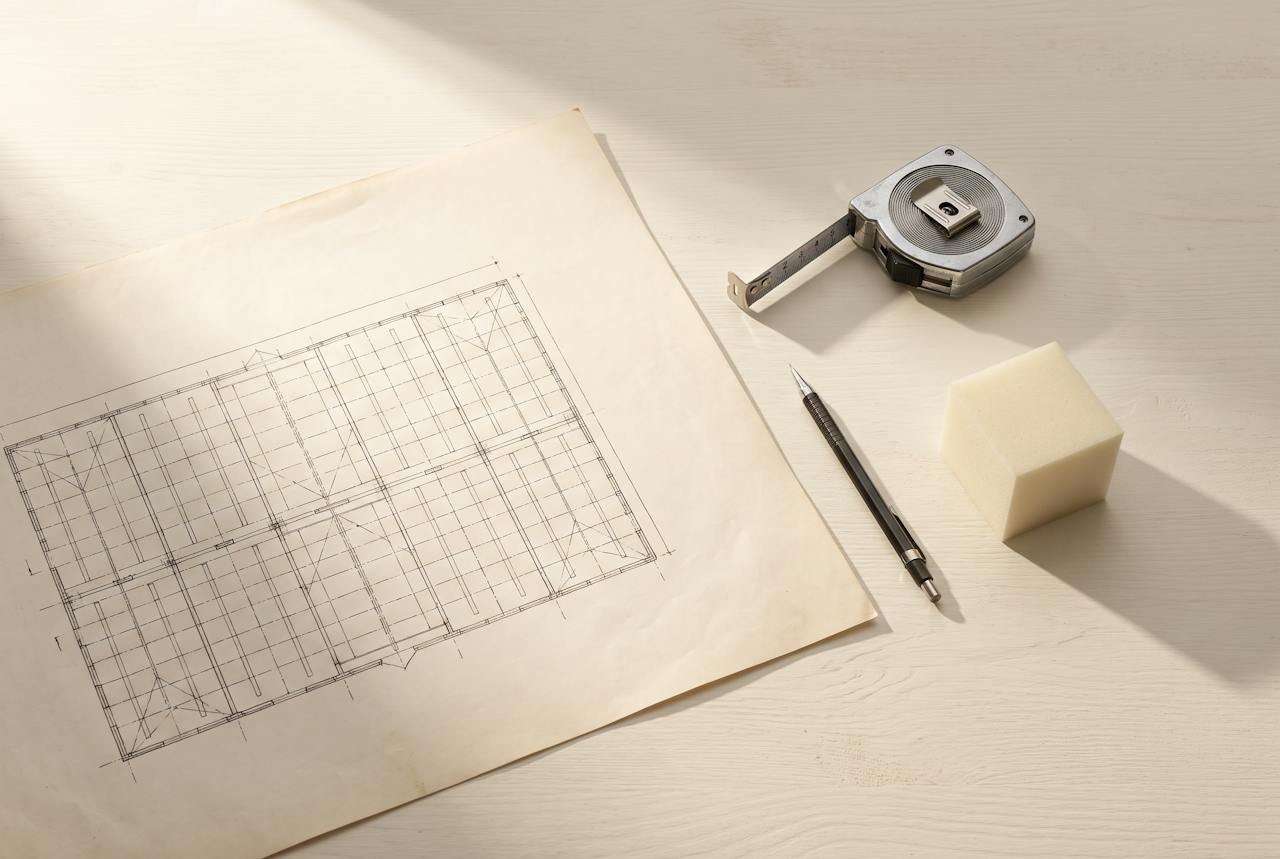 A roof plan, a steel tape measure and a cube of closed-cell foam on a desk, seen from above.
