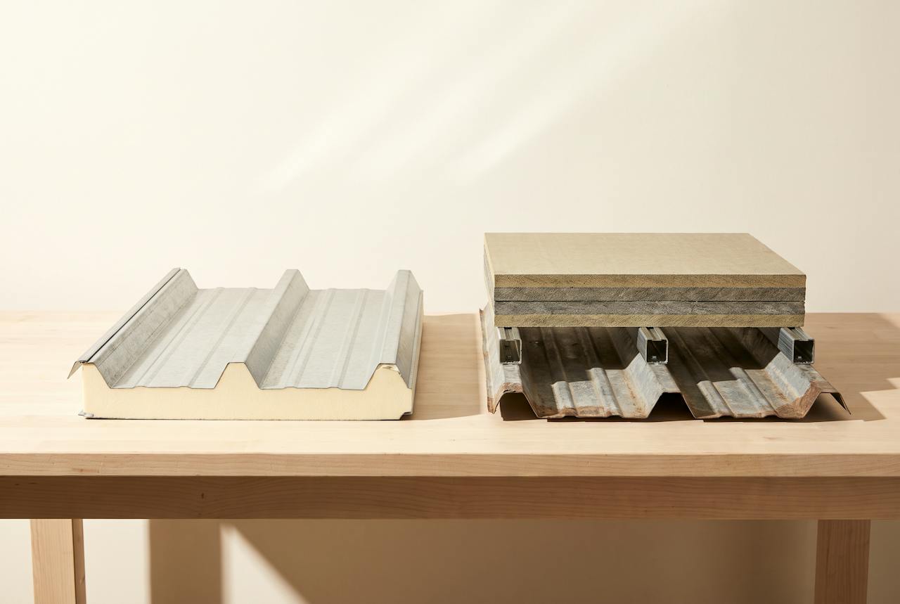 Two roof build-up samples side by side on a bench: one with a closed-cell foam layer sprayed to the underside of the sheet, the other overclad with a new outer skin above the old one.