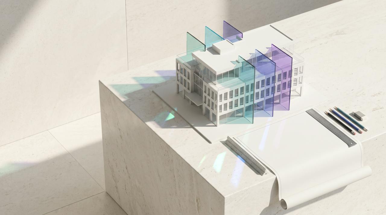 Folded pale planes and hard-edged coloured light in the HOLVEM run, an abstract composition for a page about standards and compliance.