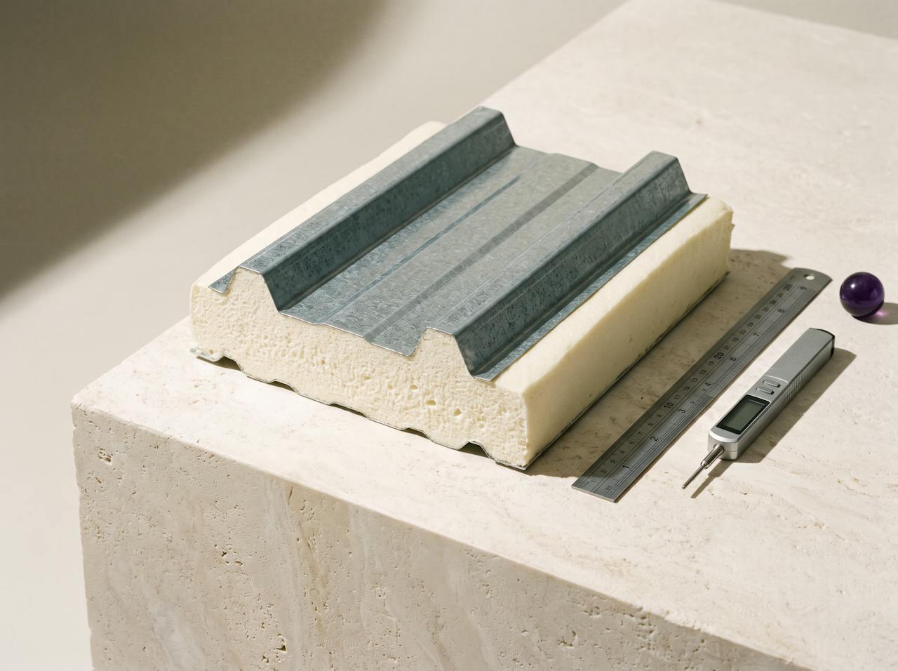 A cut section of profiled steel sheet with a closed-cell foam layer following its profile, set on stone under raking light beside a steel rule.