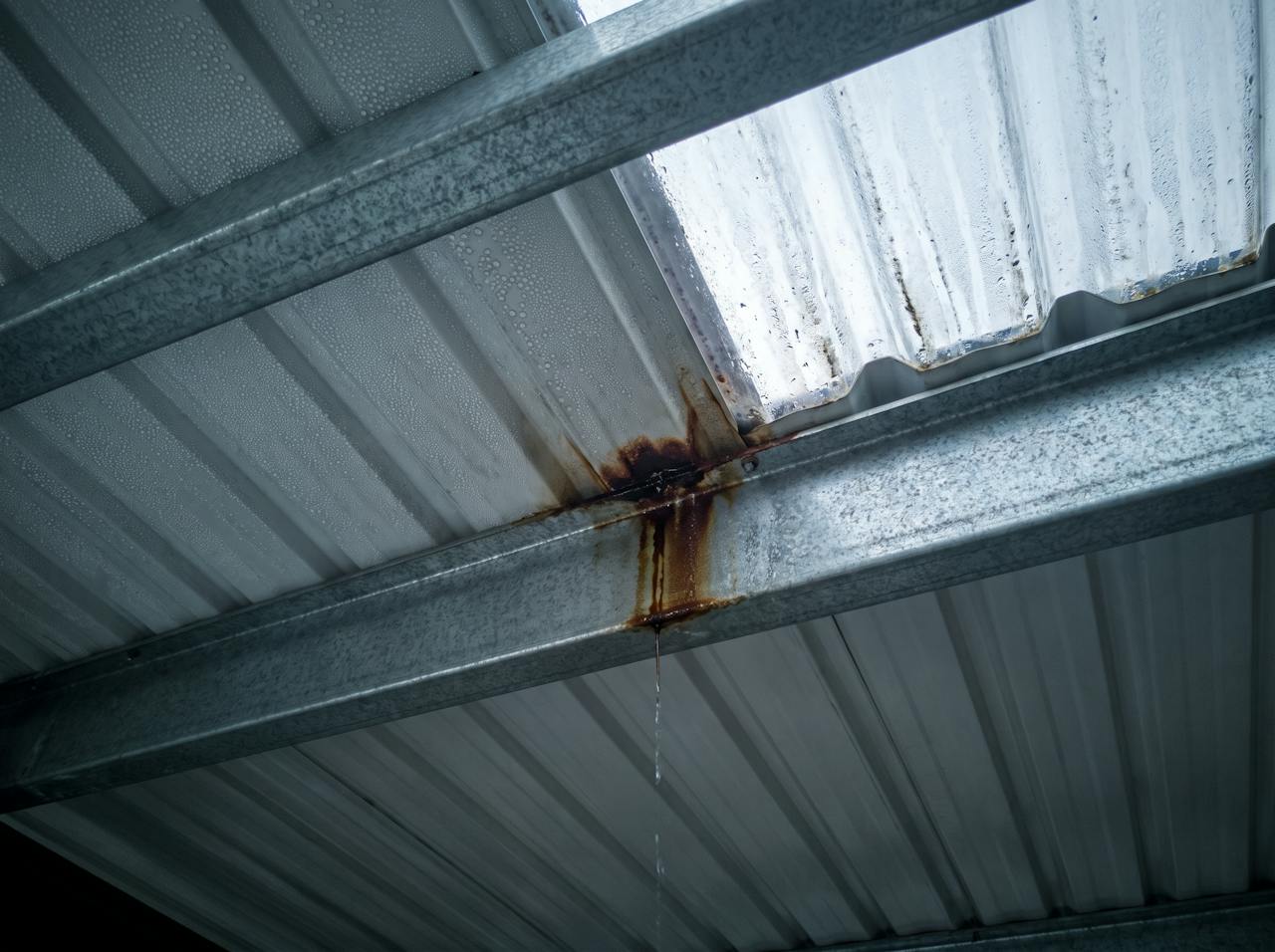 Looking up at the underside of a profiled steel roof on a wet, cold morning: a fine mist of condensation across the whole sheet, and separately one lap beside a rooflight with a dark stain and a heavier wet run.