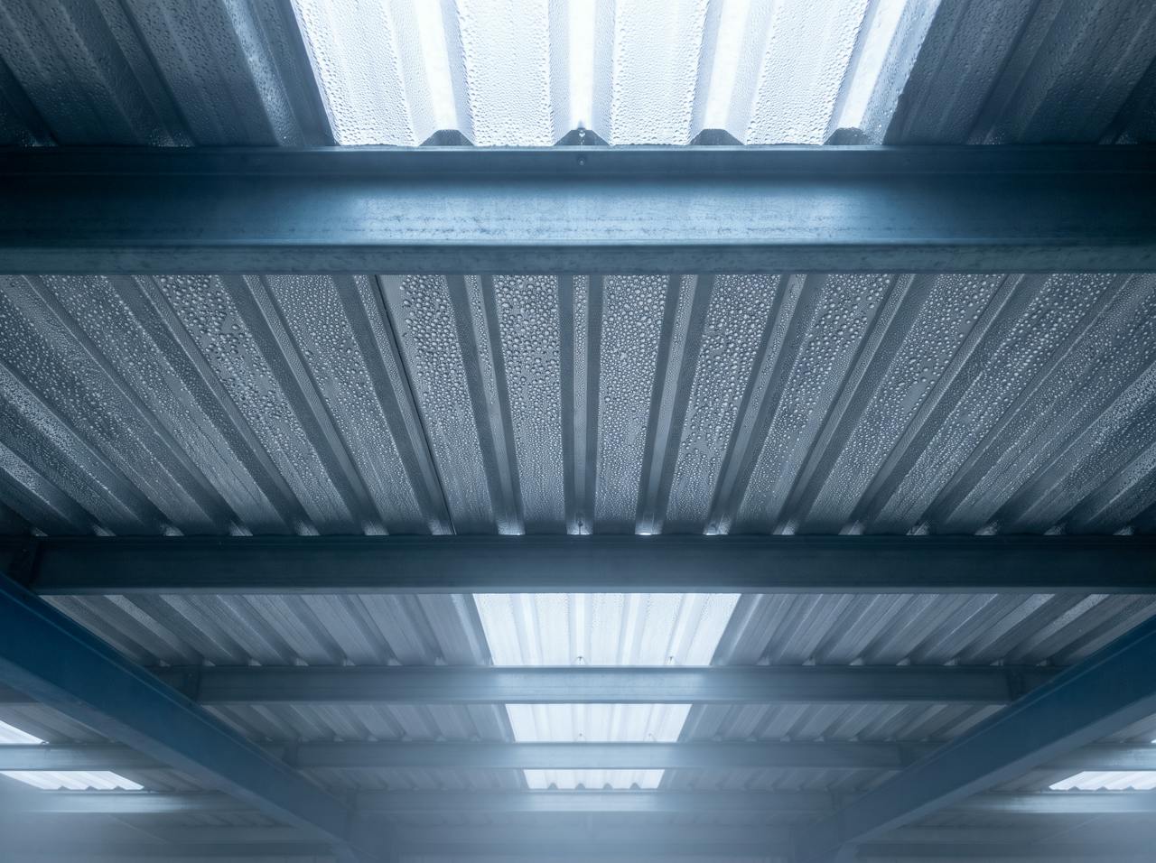 Looking up at the underside of a profiled steel roof on a cold morning. Fine, even beads of condensation cover the whole sheet from purlin to purlin, with no dry patches.