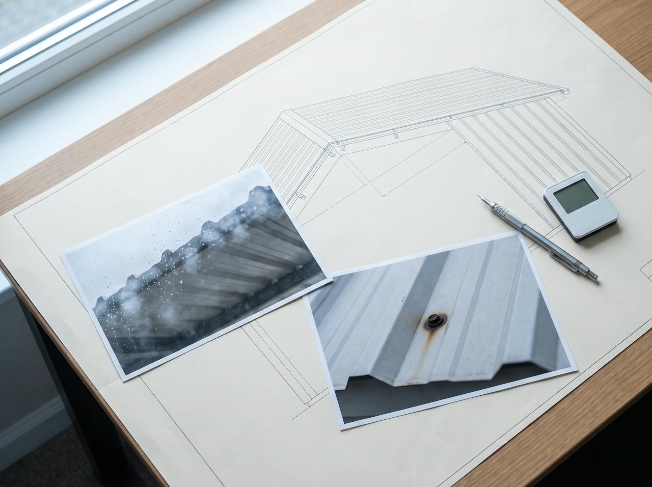 Two printed photographs of a roof underside laid on a section drawing, with a pencil and a small thermo-hygrometer, on a desk by a window.