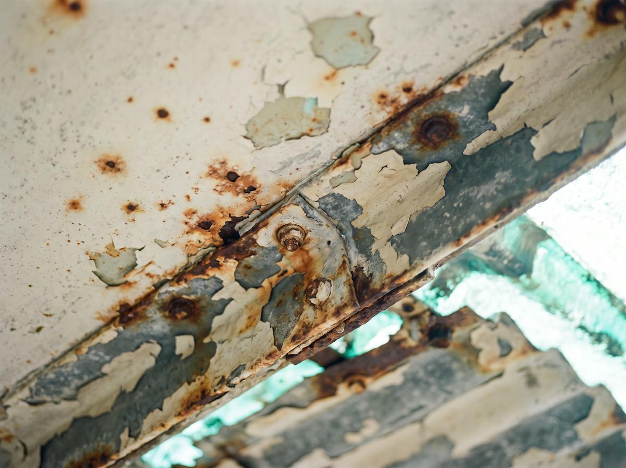 Close view of the underside of a profiled steel roof: rust streaks running from a fixing, white zinc bloom along a lap edge, and a purlin flange stained brown.