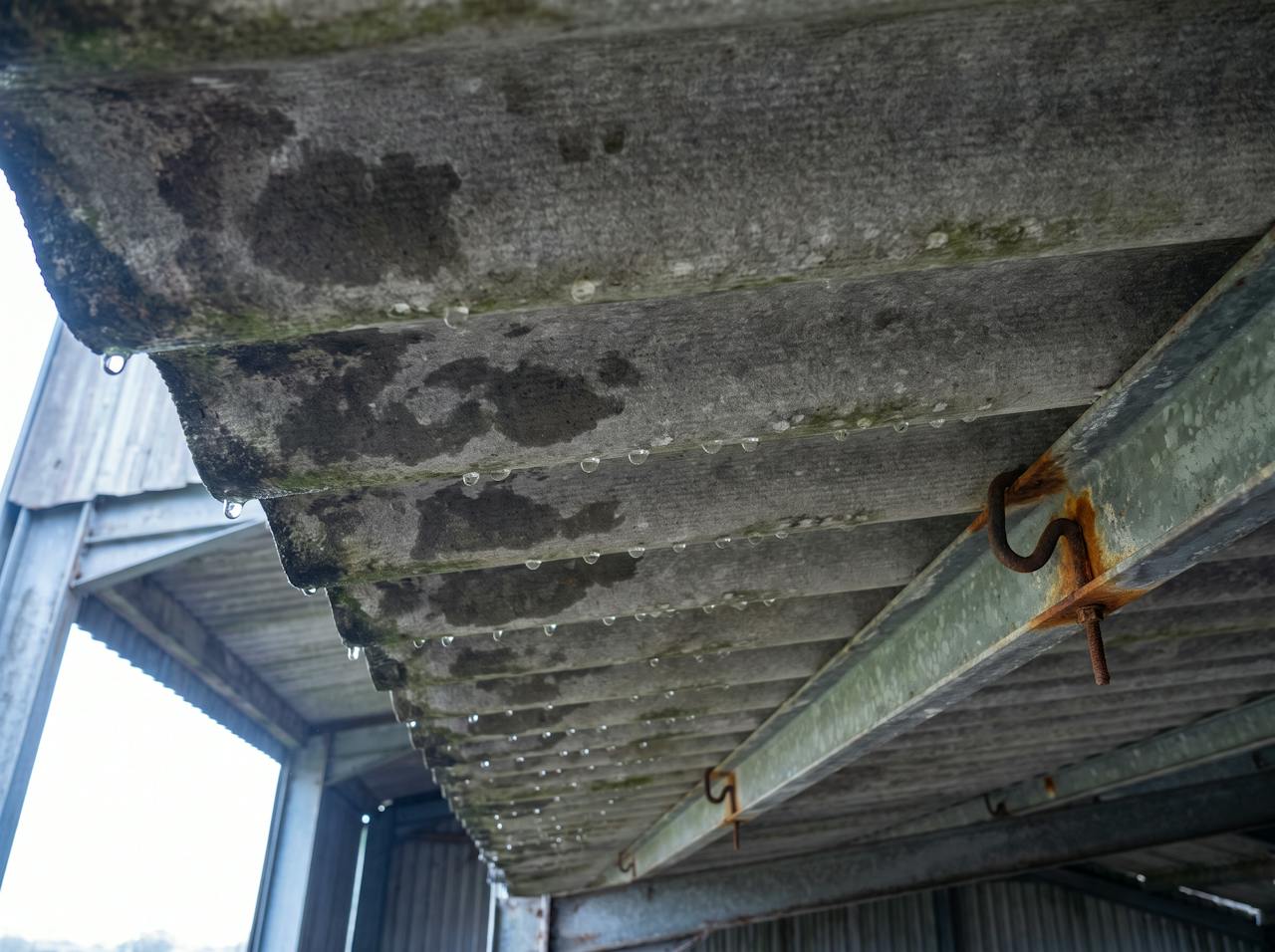 The underside of profiled fibre-cement roof sheets on steel purlins, beaded with condensation and darkly stained where water has run to the hook bolts.