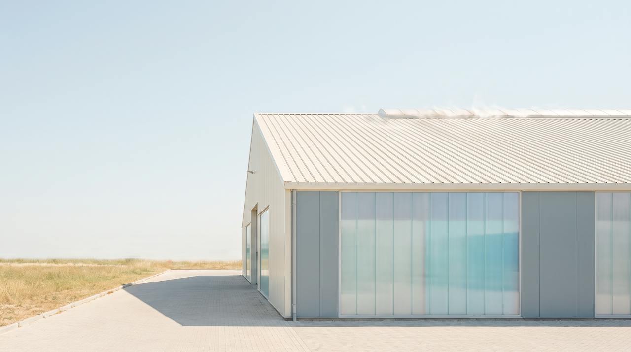 Hard summer sunlight on a bare metal roof over a UK industrial unit, heat shimmering above the sheet.