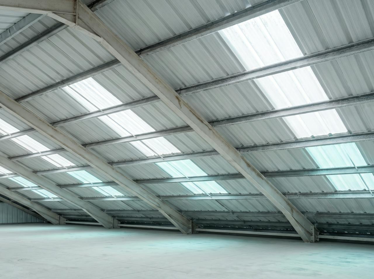 The underside of an uninsulated profiled metal roof with rooflights on a cold morning: bare steel, purlins and fixings in frost-pale light.