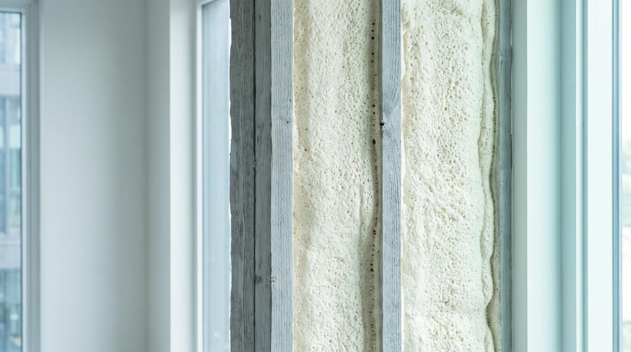 Soft cream open-cell spray foam filling the bays between timber studs, its surface textured like an acoustic panel, in soft daylight.