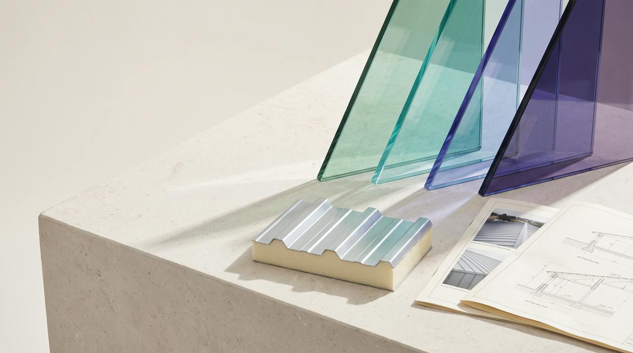 Pale folded stone planes lit by sea-glass and violet light cut at a sharp angle, with a roof photograph and a section drawing laid on the stone.