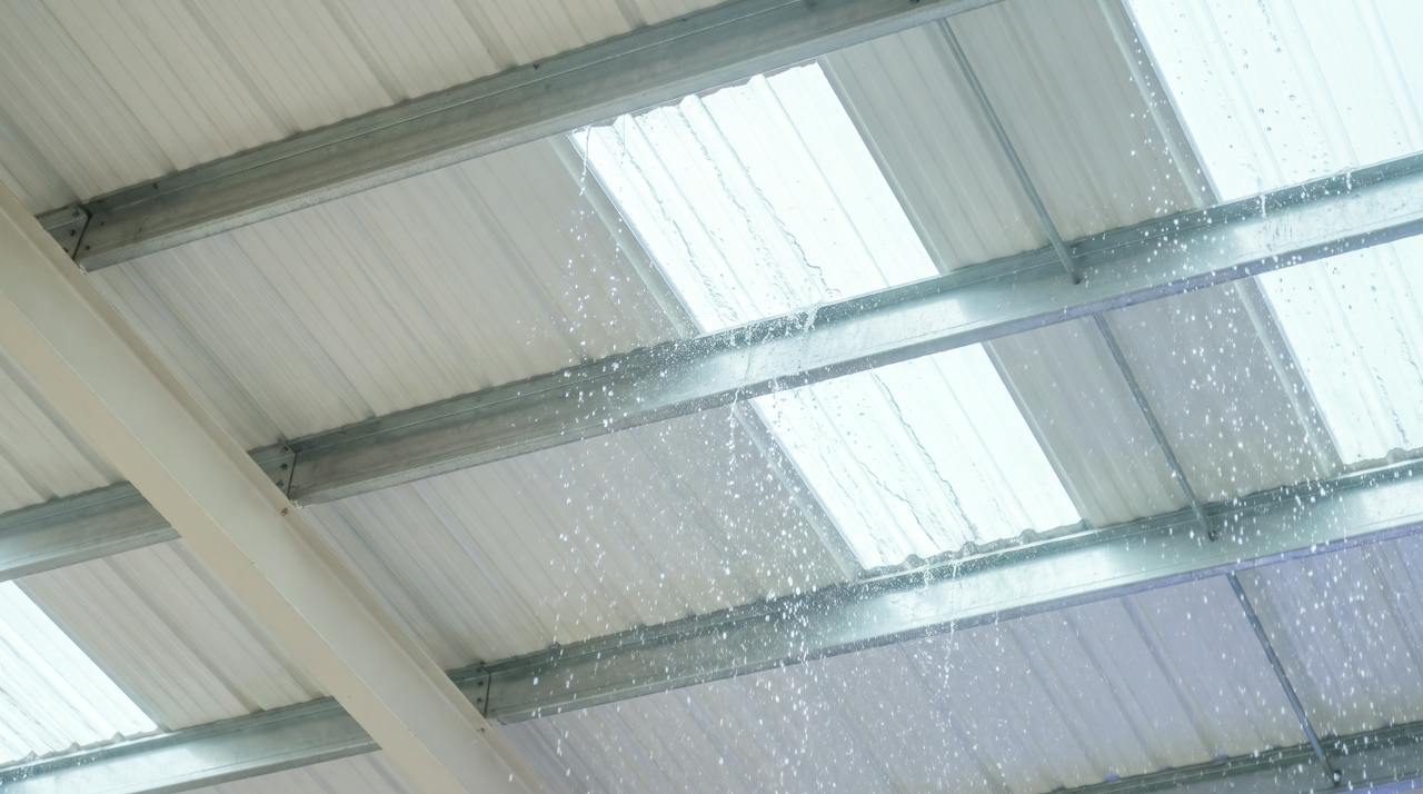 Heavy rain on a profiled metal roof seen from beneath, the sheet and purlins pale against the wet light.