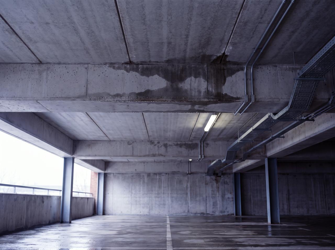 Looking up at the bare board-marked concrete soffit of an open undercroft car park beneath an office building on a damp morning: a run of damp along the coldest beam, conduit and cable tray, a strip light, columns and painted bays.