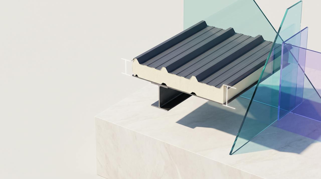 A precise cut section of a roof build-up, profiled sheet over a cream closed-cell foam layer and a purlin, resting on pale stone with fine dimension lines and angled glass planes casting soft coloured light.
