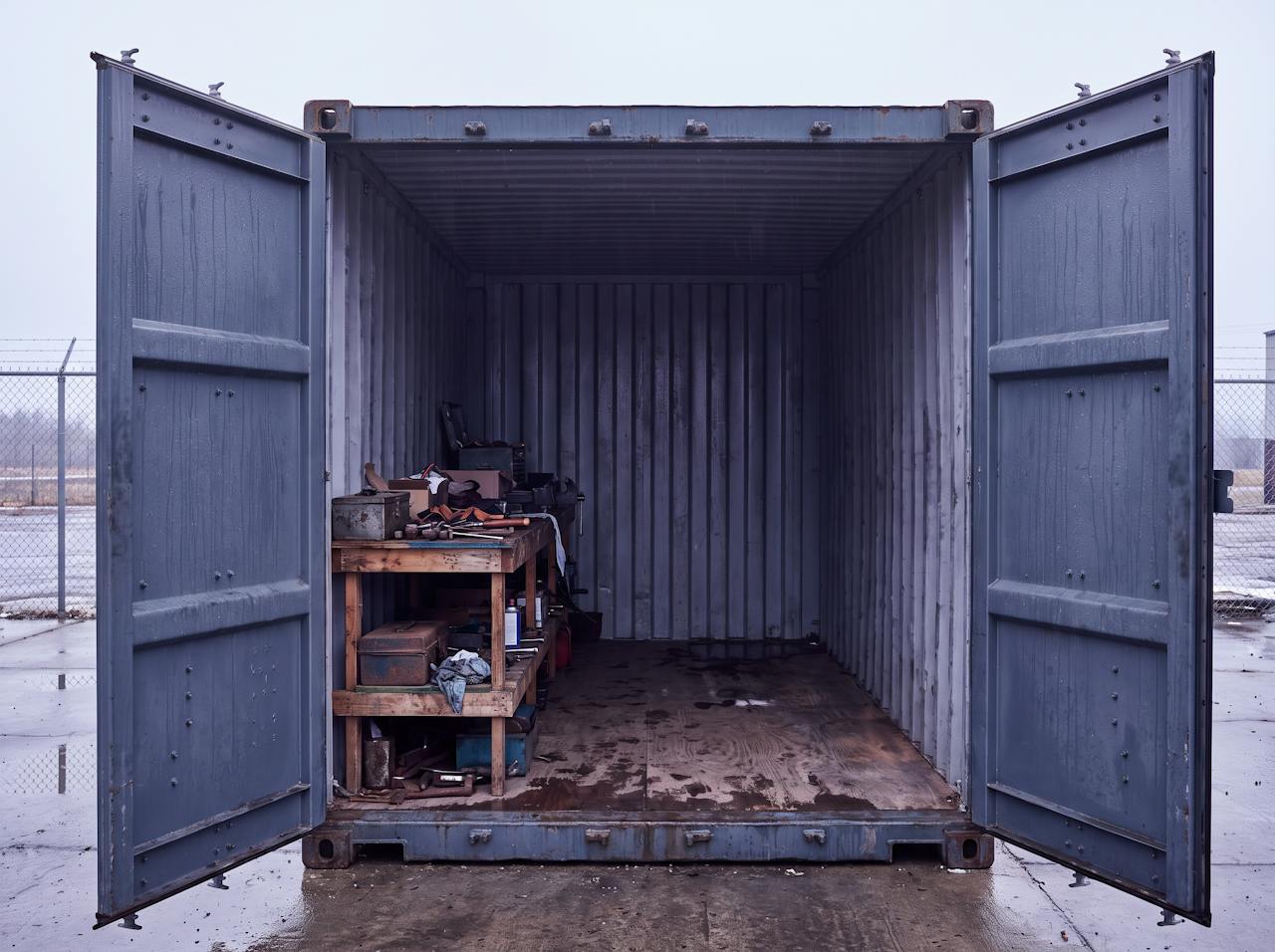 Looking straight into a bare steel shipping container used as a workshop store in a wet yard, both doors open: corrugated steel walls and ceiling beaded with condensation, a workbench and tools, a plywood floor, a chain-link fence outside.