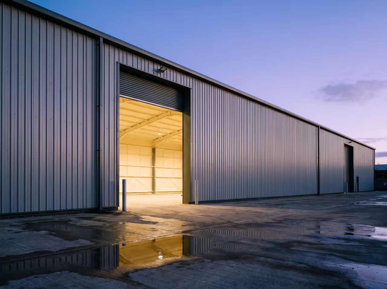 A long steel-clad portal-frame building at dusk, its roller door open on a warm interior where the roof underside is sprayed in a continuous ivory layer, the wet yard reflecting the light.