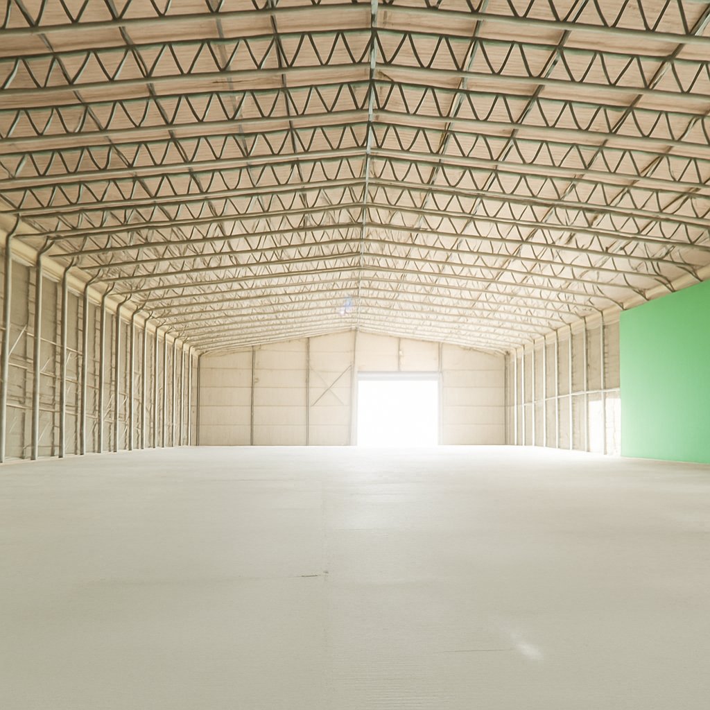 Detail of the finished hangar roof: the pale open-cell build-up over the closed-cell base, following the corrugations and wrapping the steelwork.