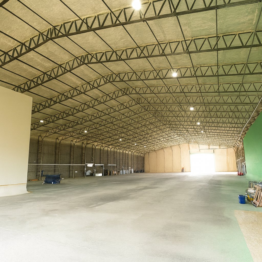 Inside the hangar sound stage after the work: the corrugated roof and trusses under a continuous pale open-cell layer.
