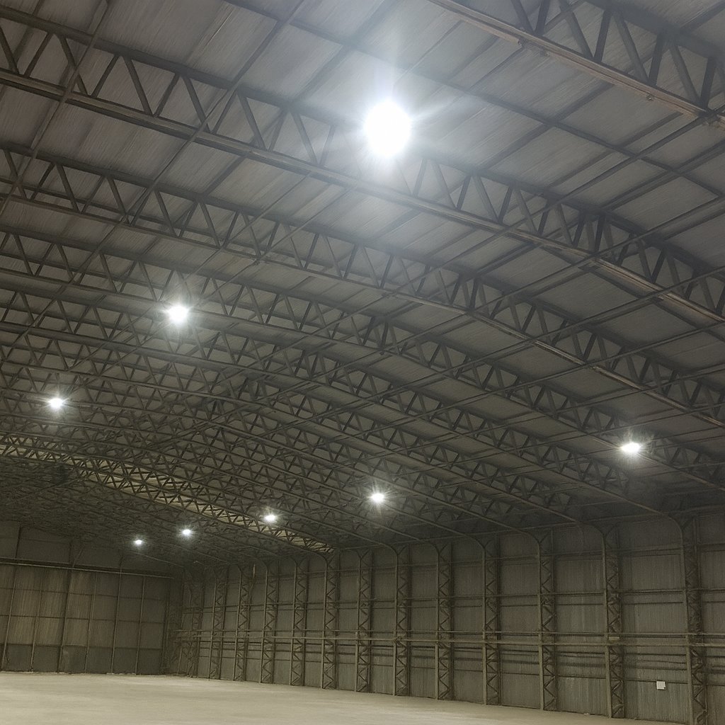 Before: the hangar interior prepared for the work, the stage floor cleared and the roof bare above.