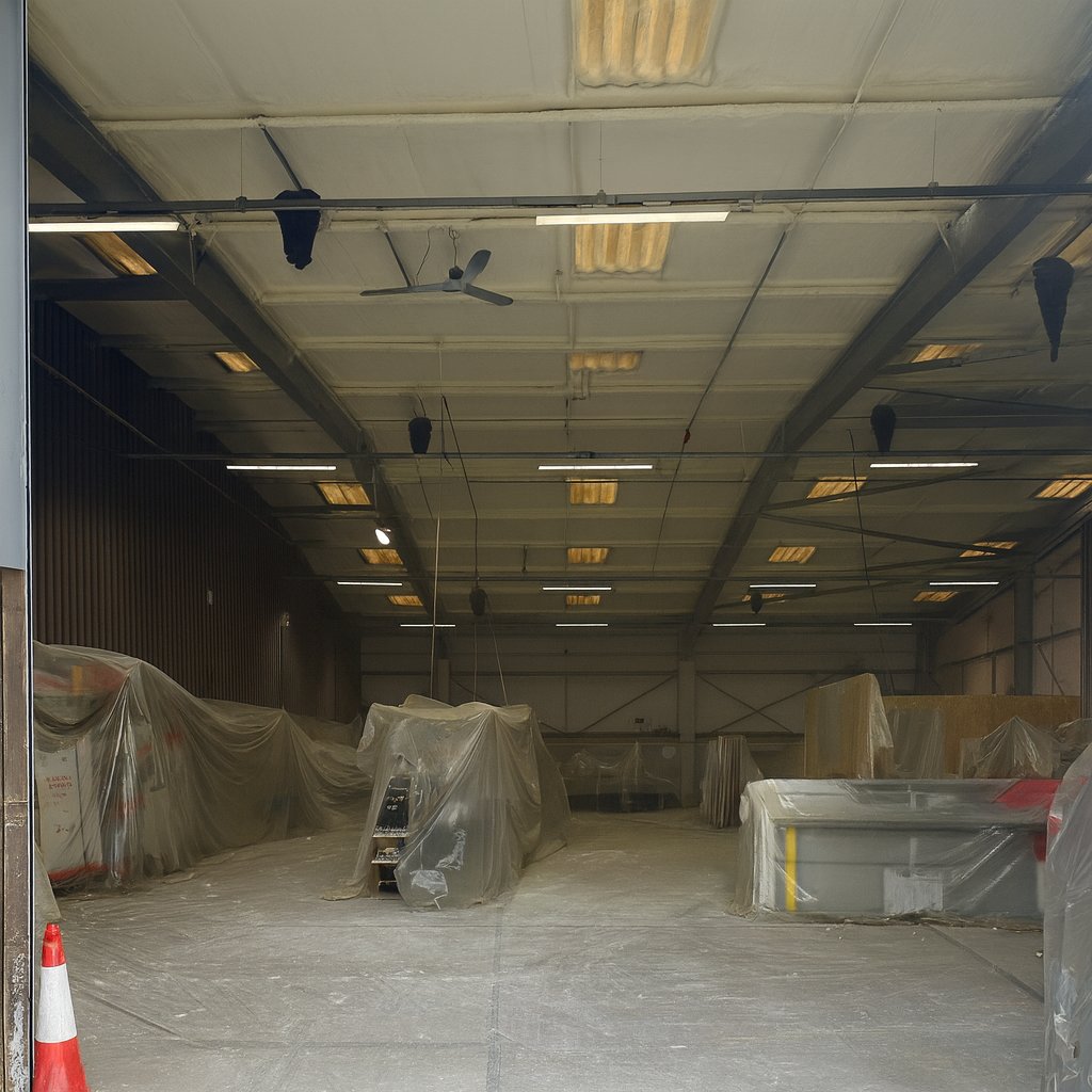 After: the roof panels and purlins under a continuous cream closed-cell layer.