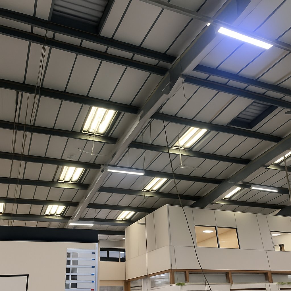 Before: the existing insulated roof panels and purlins seen from the factory floor, joints and fixings exposed.