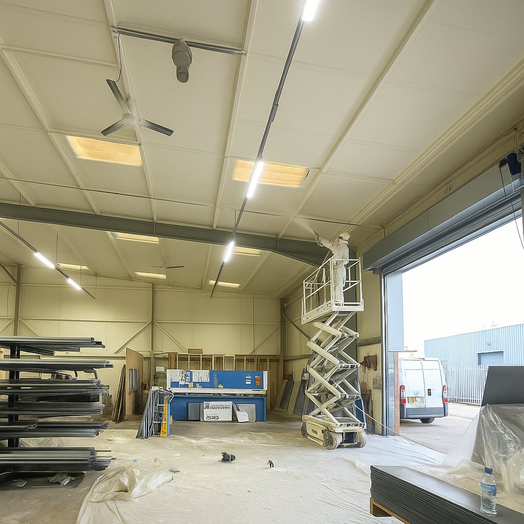 An installer spraying the 25 mm closed-cell layer onto the underside of the existing roof panels from a scissor lift, the cream layer spreading across the bay.