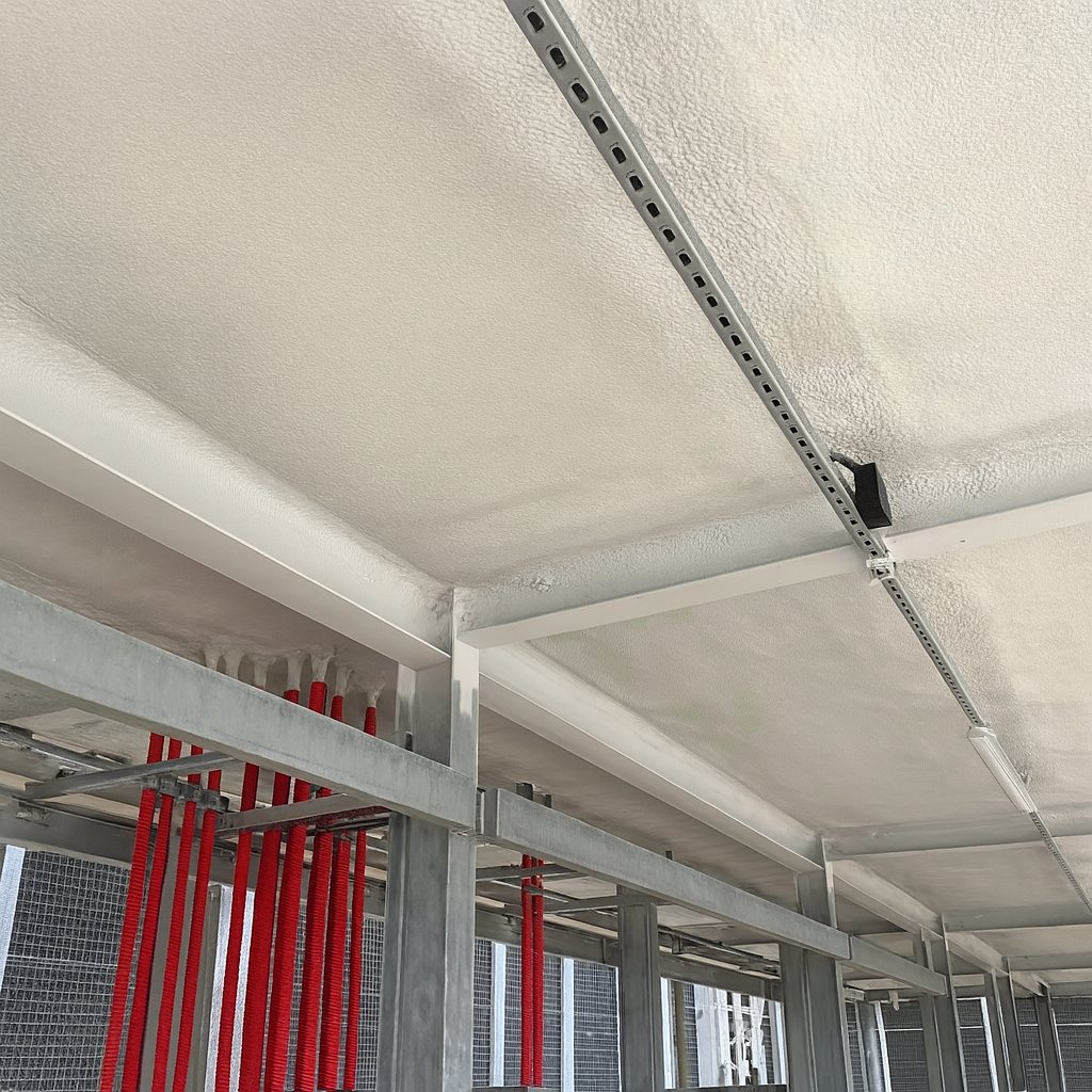 During: closed-cell foam being sprayed to the concrete soffit, the cream layer following a downstand beam.