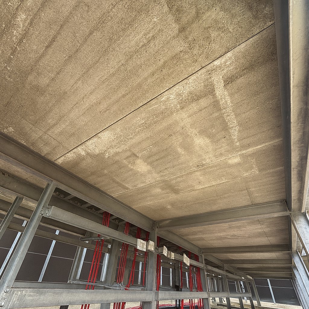Before: the undercroft looking along the bays, concrete above, cable routes and columns below.