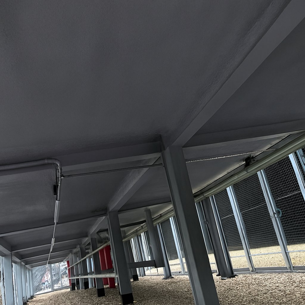 The finished soffit in DC315 ice grey: a smooth, uniform coated surface across the slab and its downstand beams, the column heads wrapped in the same finish.
