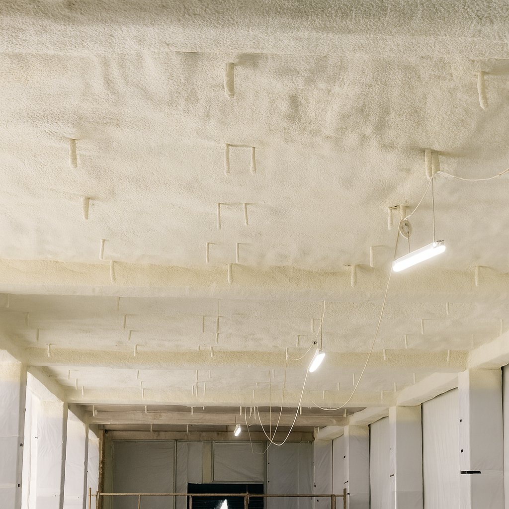 After: the finished soffit in a continuous closed-cell layer at full depth.