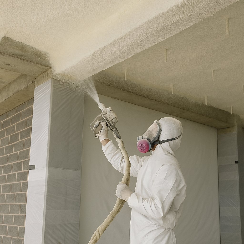 During: closed-cell foam being applied to the concrete soffit, the cream layer growing around the services.