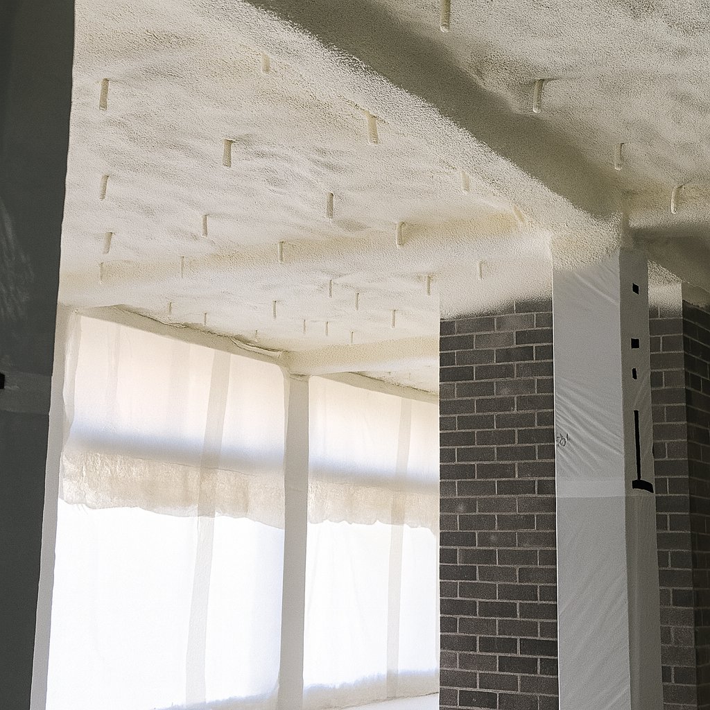 Detail of the finished soffit at The Box: the closed-cell layer at full depth around a service penetration and a beam, continuous across the concrete.
