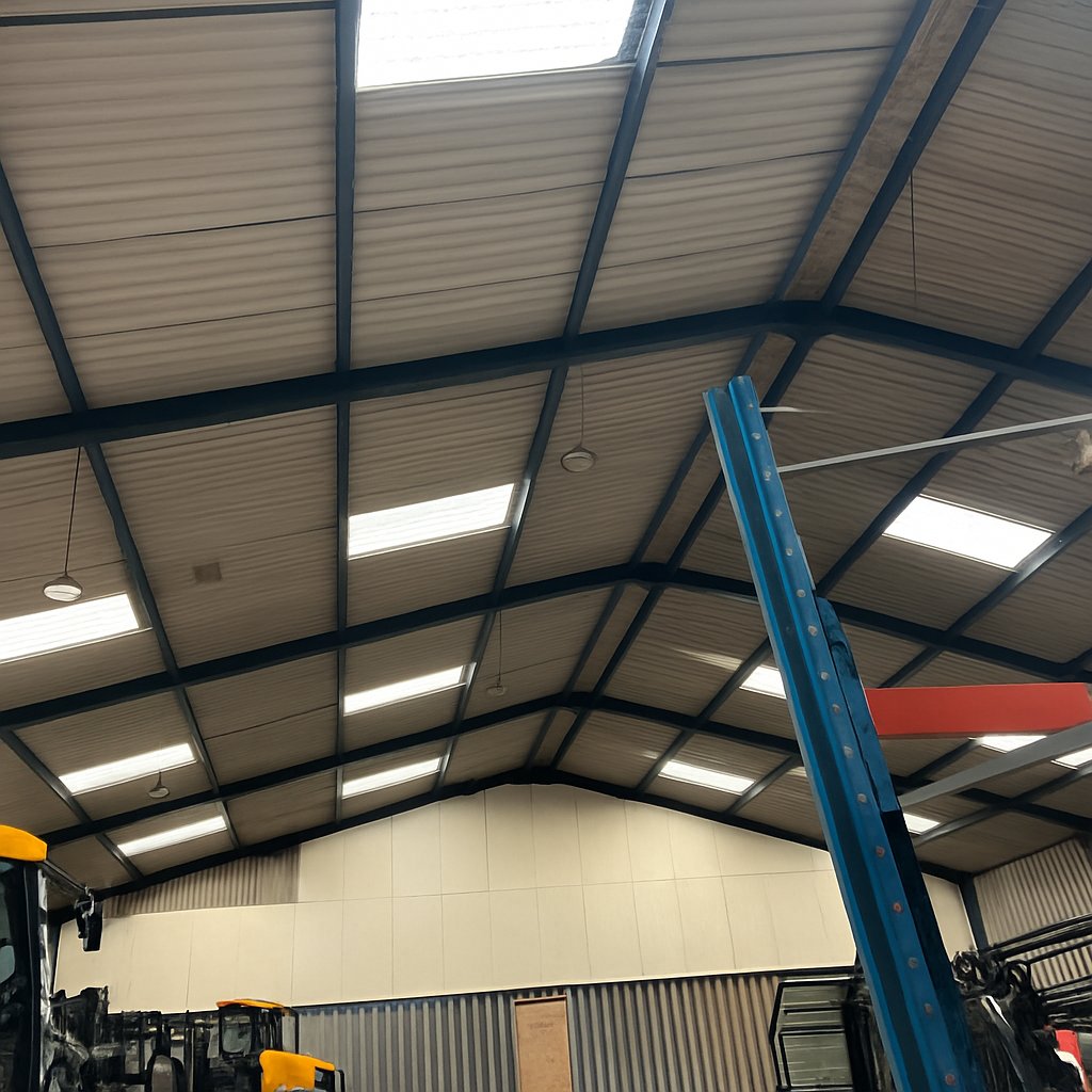 Before: the underside of the bare box-profile steel roof, purlins and fixings exposed, rooflights along the slope.