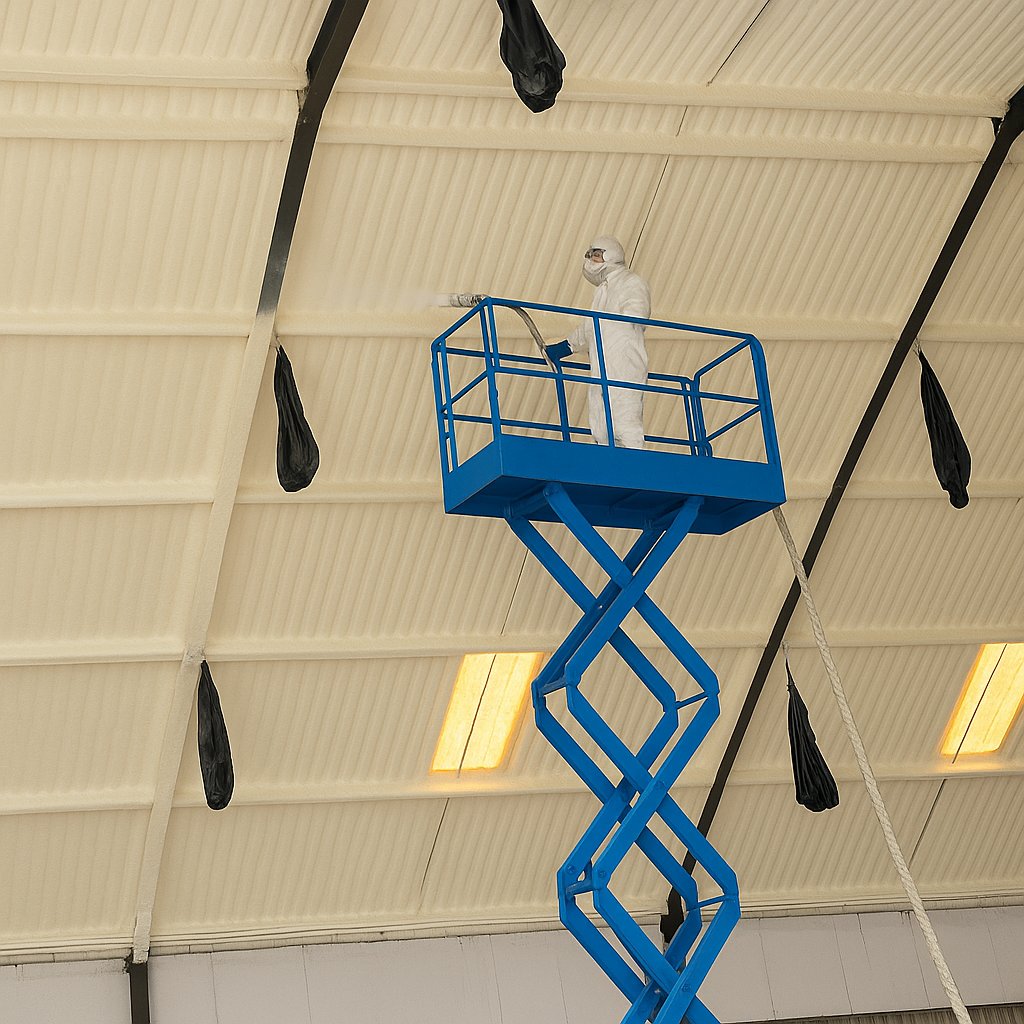 An installer in full protective equipment on a scissor lift spraying closed-cell foam onto the underside of the box-profile roof, the cream layer growing across the sheet.