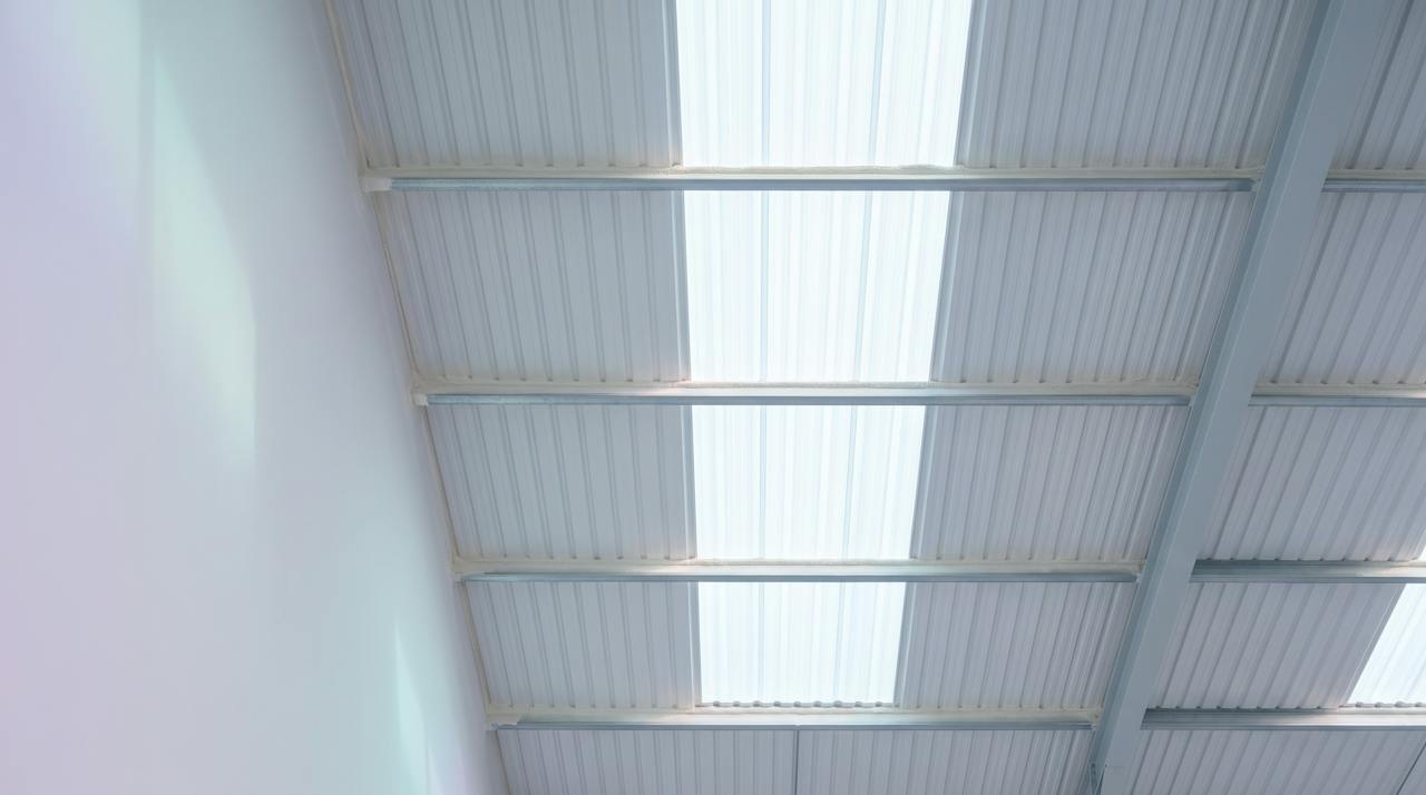 Looking up at a profiled metal roof: a translucent rooflight strip coated in a thin pale primer film, the steel sheets and purlins either side sprayed in ivory closed-cell foam.