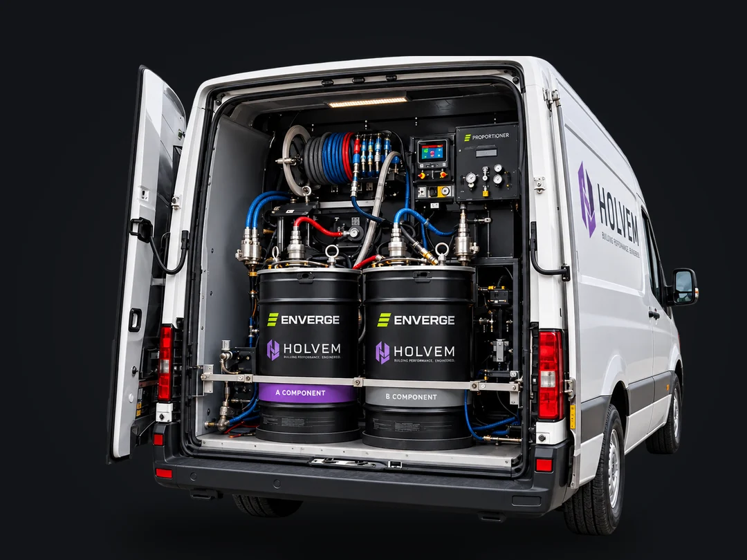 The HOLVEM spray rig: Enverge A and B component drums plumbed into the proportioner in the van.