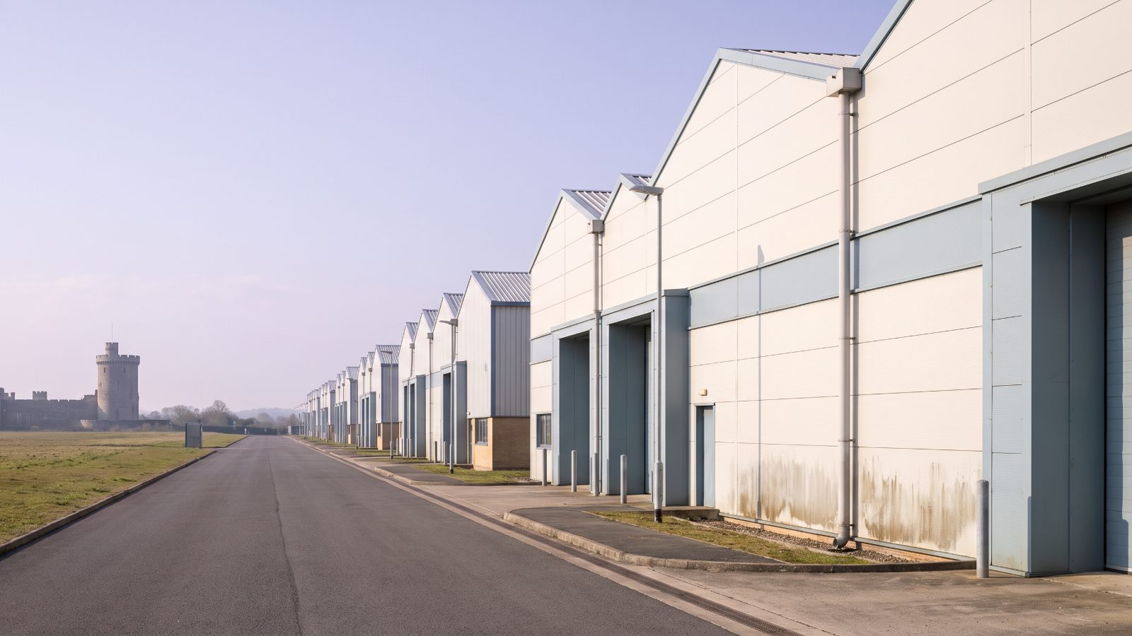 A vast estate of large pale industrial sheds seen down a long straight estate road, rows of identical gables stretching away. The round tower of a great castle stands on the far horizon.
